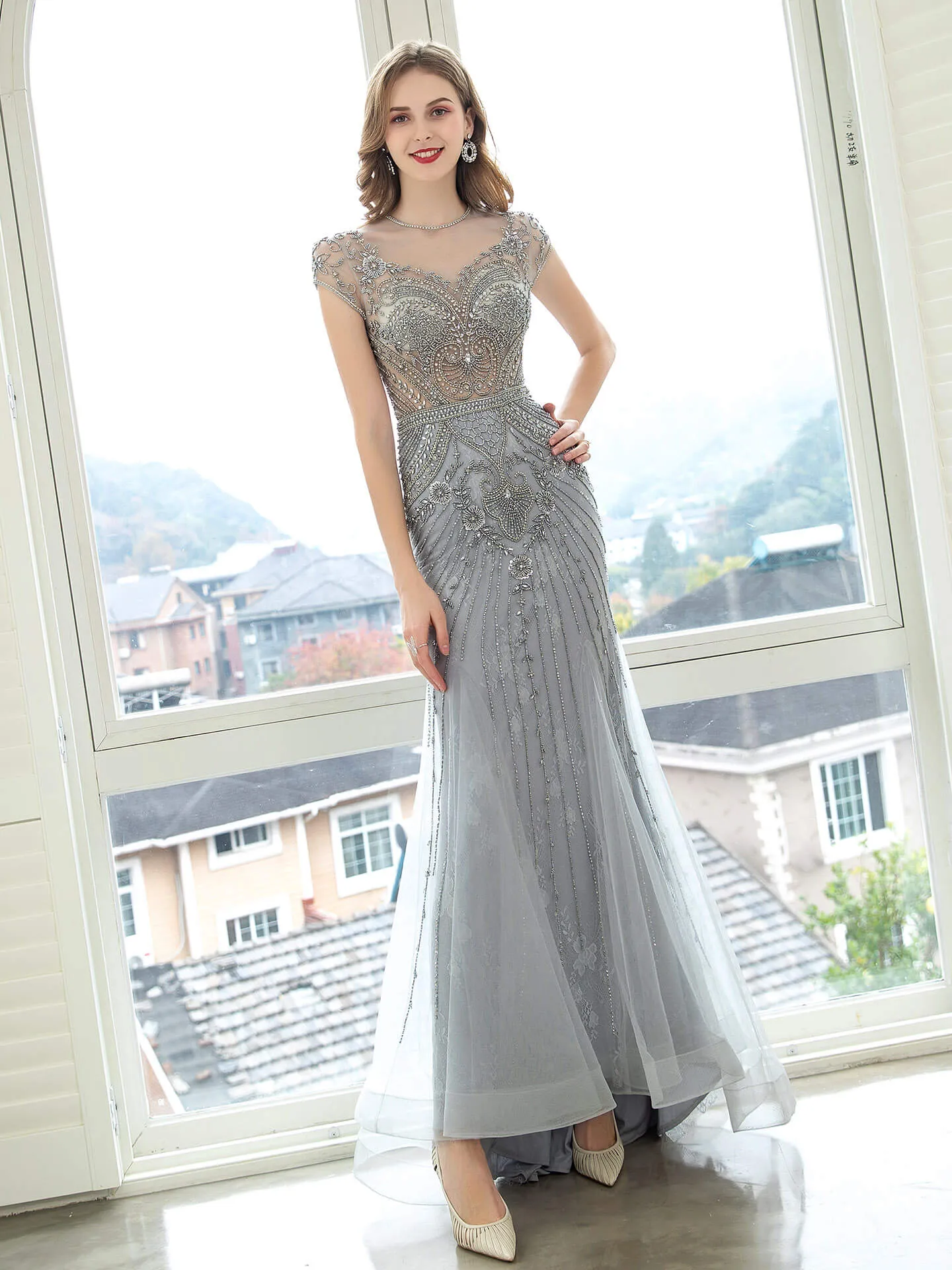 Roycebridal Mermaid / Trumpet Luxurious Glittering Fairy Sexy Formal Evening Dresses Short Sleeves